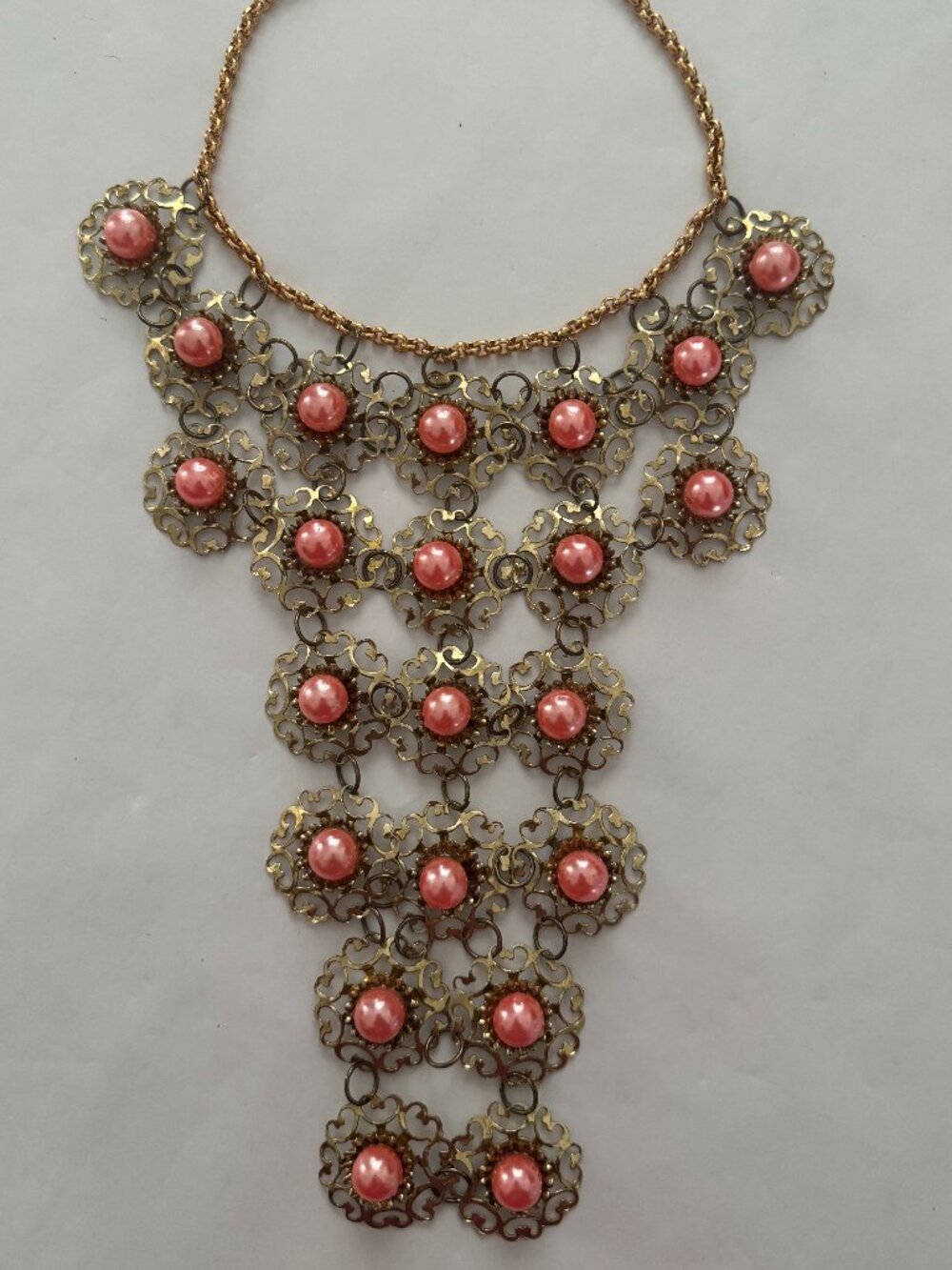 Vintage 1960-1970s Gold Tone Filigree Bib Statement Necklace Pink Faux Coral Cab
